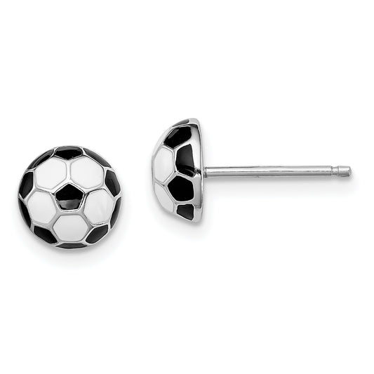 Sterling Silver Madi K Rhodium-Plated Polished Black & White Enameled Soccer Ball Children'S Post Earrings