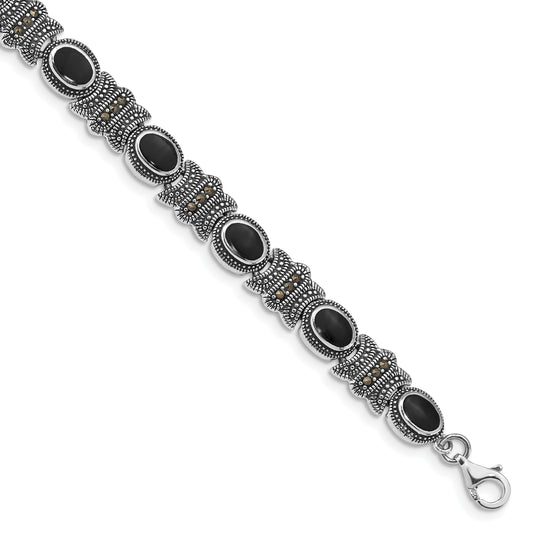 Sterling Silver Rhodium-Plated Marcasite And Onyx 7.25 Inch Bracelet