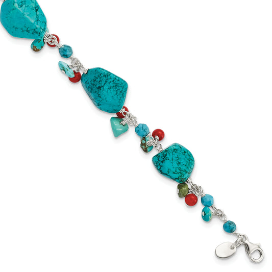 7.5 Inch Sterling Silver Dyed Howlite/Turquoise/Red Coral Bracelet