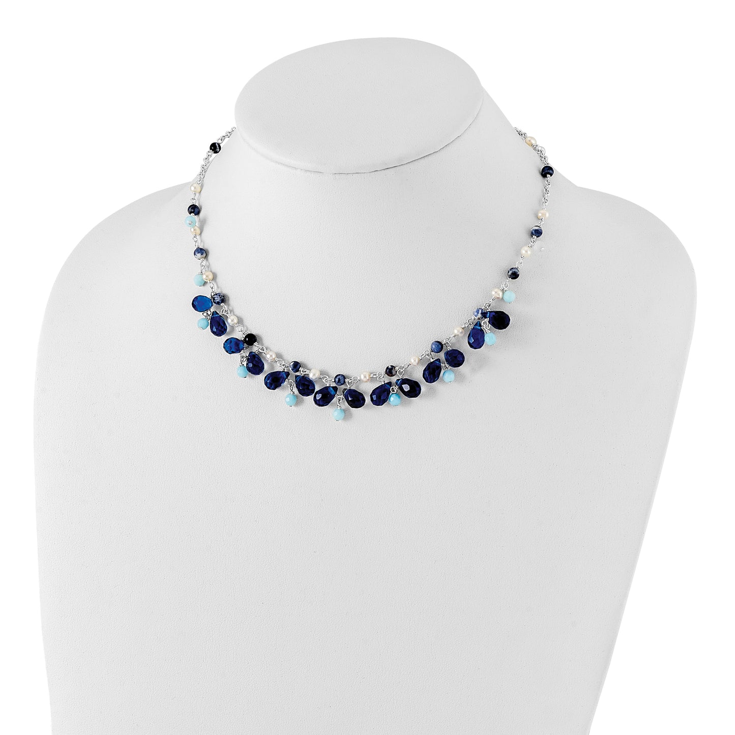 Sterling Silver Blue Crystal/Lapis/Amazonite/Fw Cultured Pearl Neck