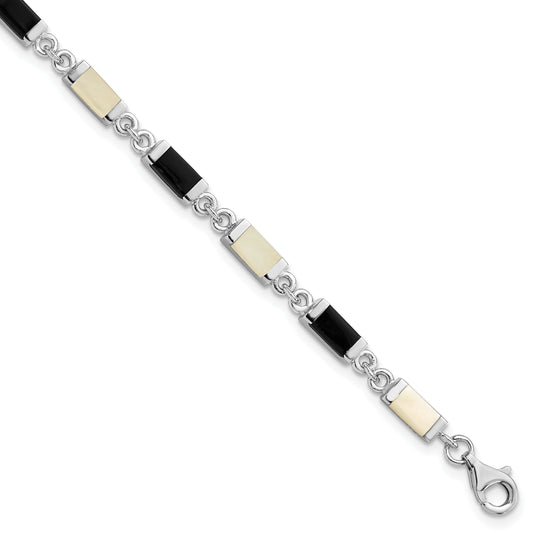 7 Inch Sterling Silver Rhodium-Plated 7In Onyx/Mother Of Pearl Bracelet