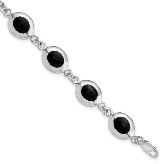 7 Inch Sterling Silver Rhodium-Plated Fancy Polished Onyx Bracelet