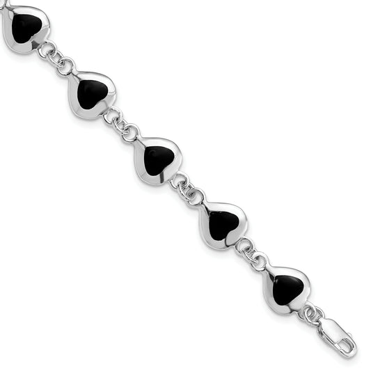 7 Inch Sterling Silver Rhodium-Plated 7Inch Fancy Polished Heart Onyx Bracelet