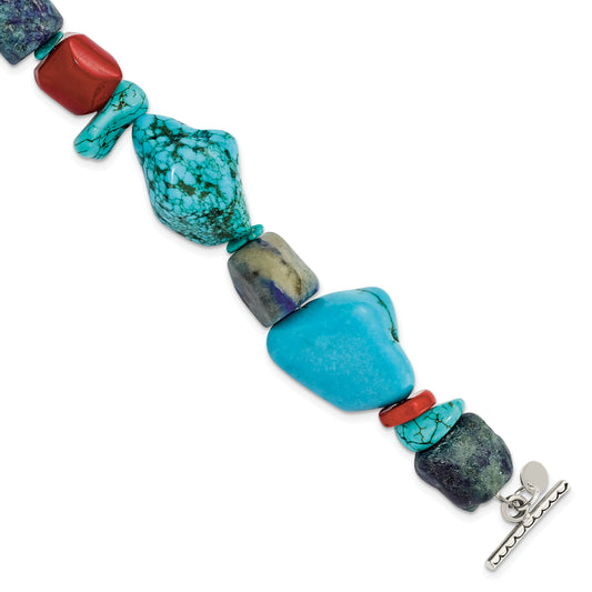 8 Inch Sterling Silver Red Coral/Howlite/Lapis/Turquoise Bracelet