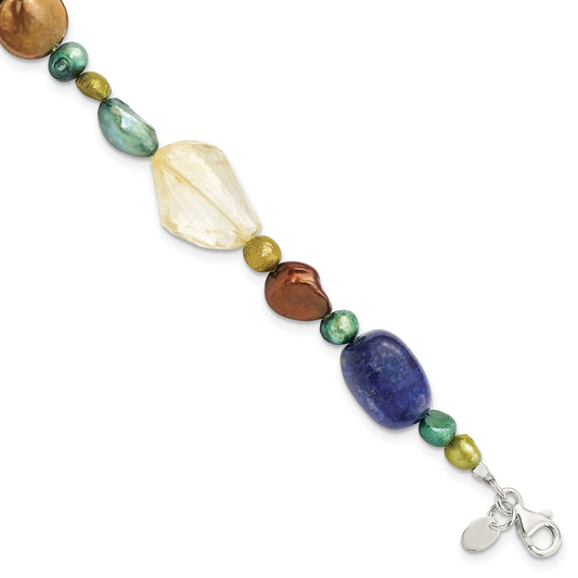 7.5 Inch Sterling Silver Citrine/Lapis/Dyed Howlite/Fw Cultured Pearl Bracelet