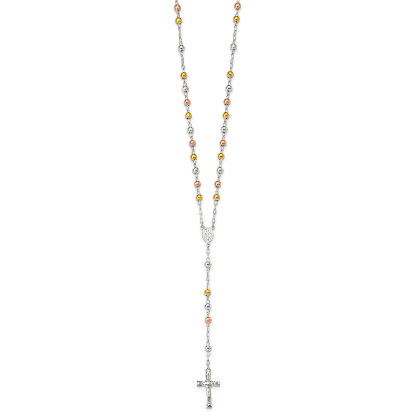 Sterling Silver Polished Rosary Tri-Color Beads Necklace