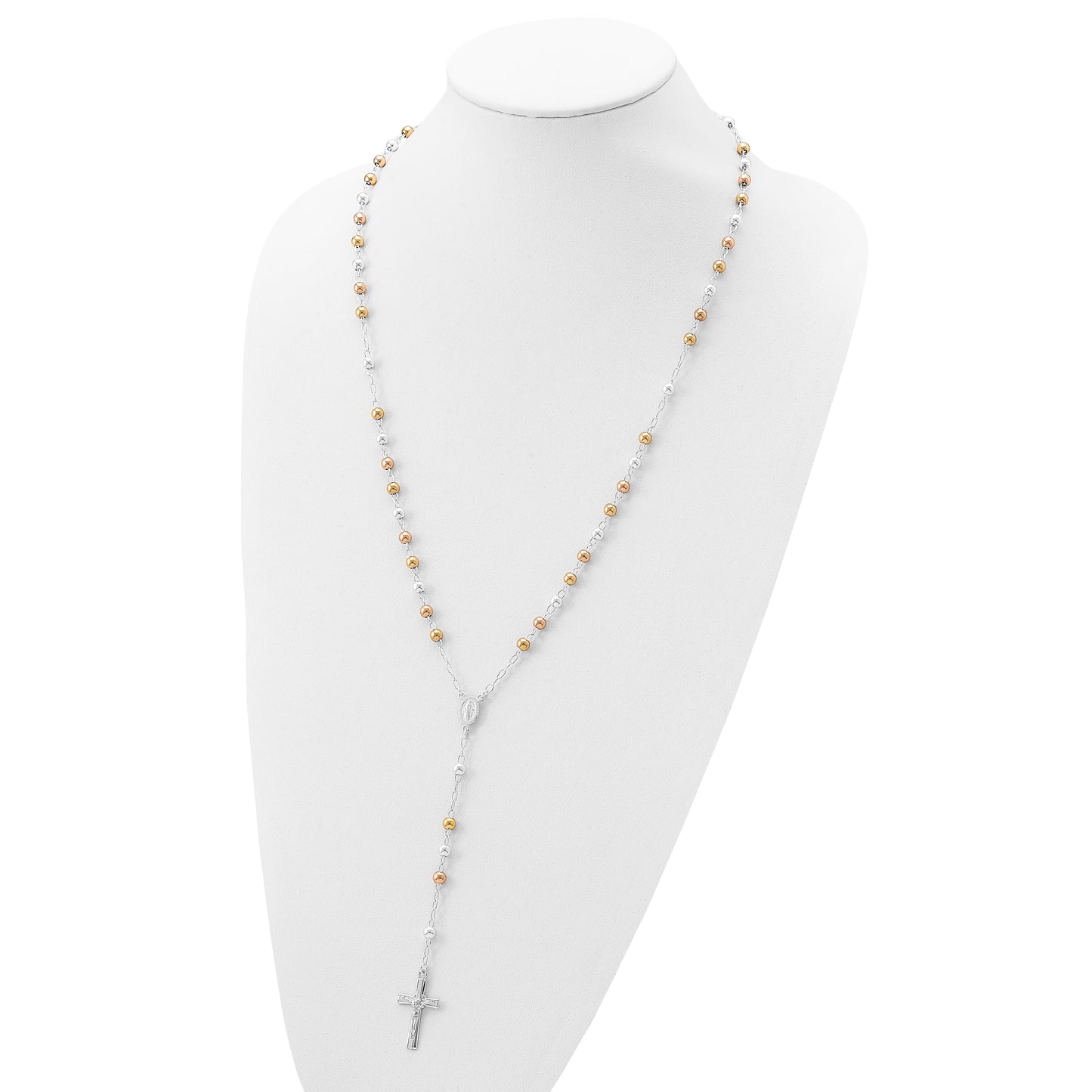 Sterling Silver Polished Rosary Tri-Color Beads Necklace