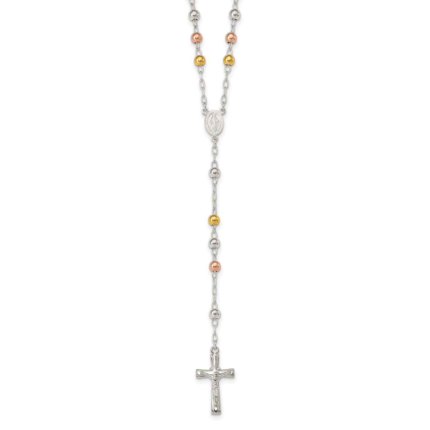 Sterling Silver Polished Rosary Tri-Color Beads Necklace