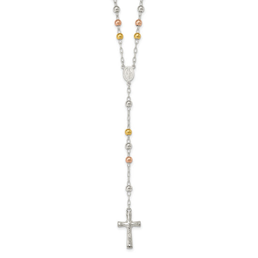 Sterling Silver Polished Rosary Tri-Color Beads Necklace