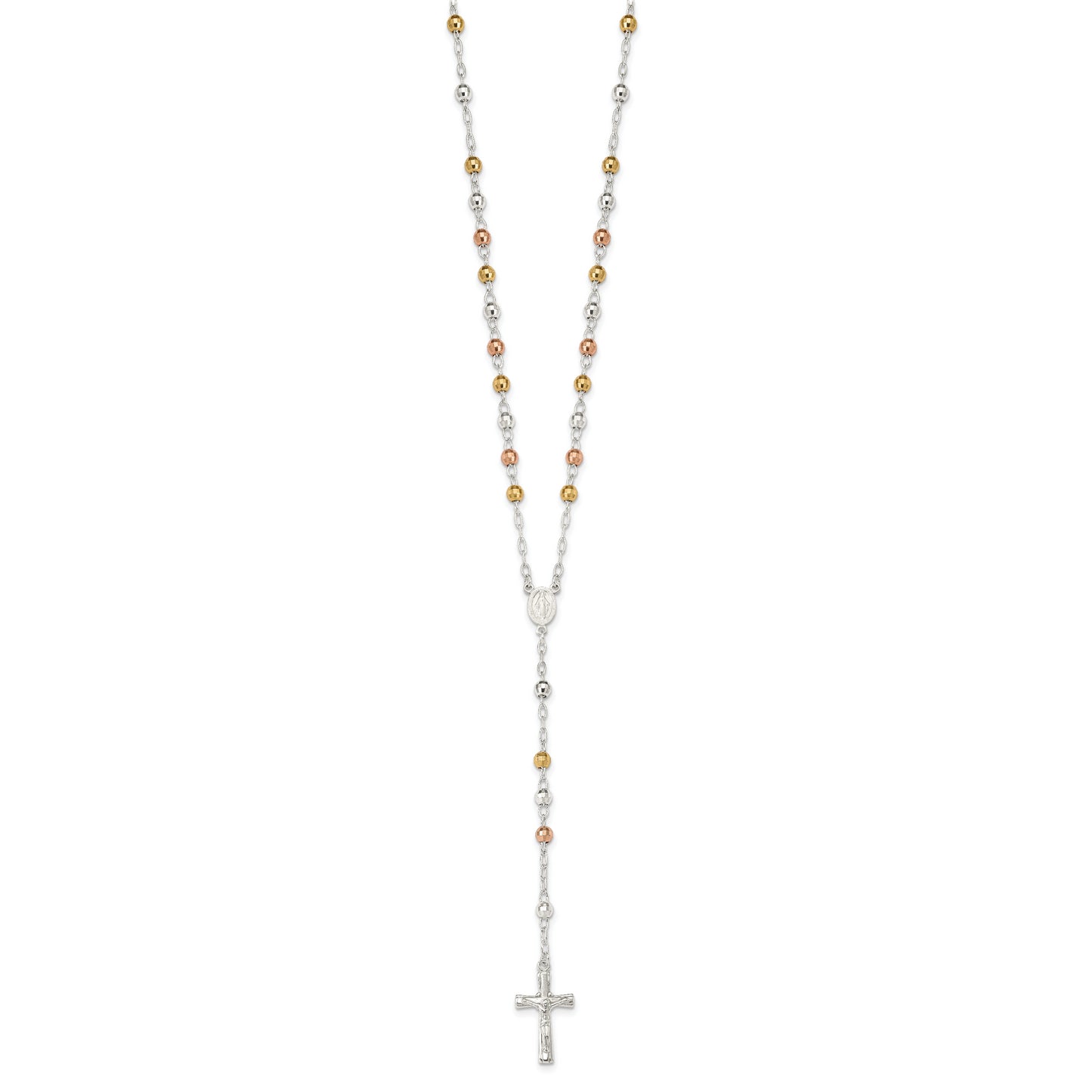 Sterling Silver Tri-Color Polished Textured Bead Rosary 26 Inch Necklace