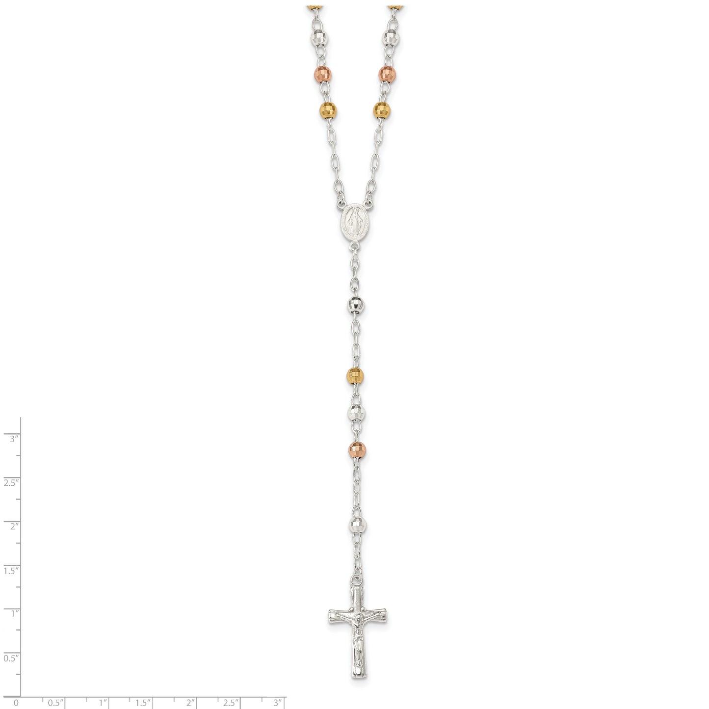 Sterling Silver Tri-Color Polished Textured Bead Rosary 26 Inch Necklace