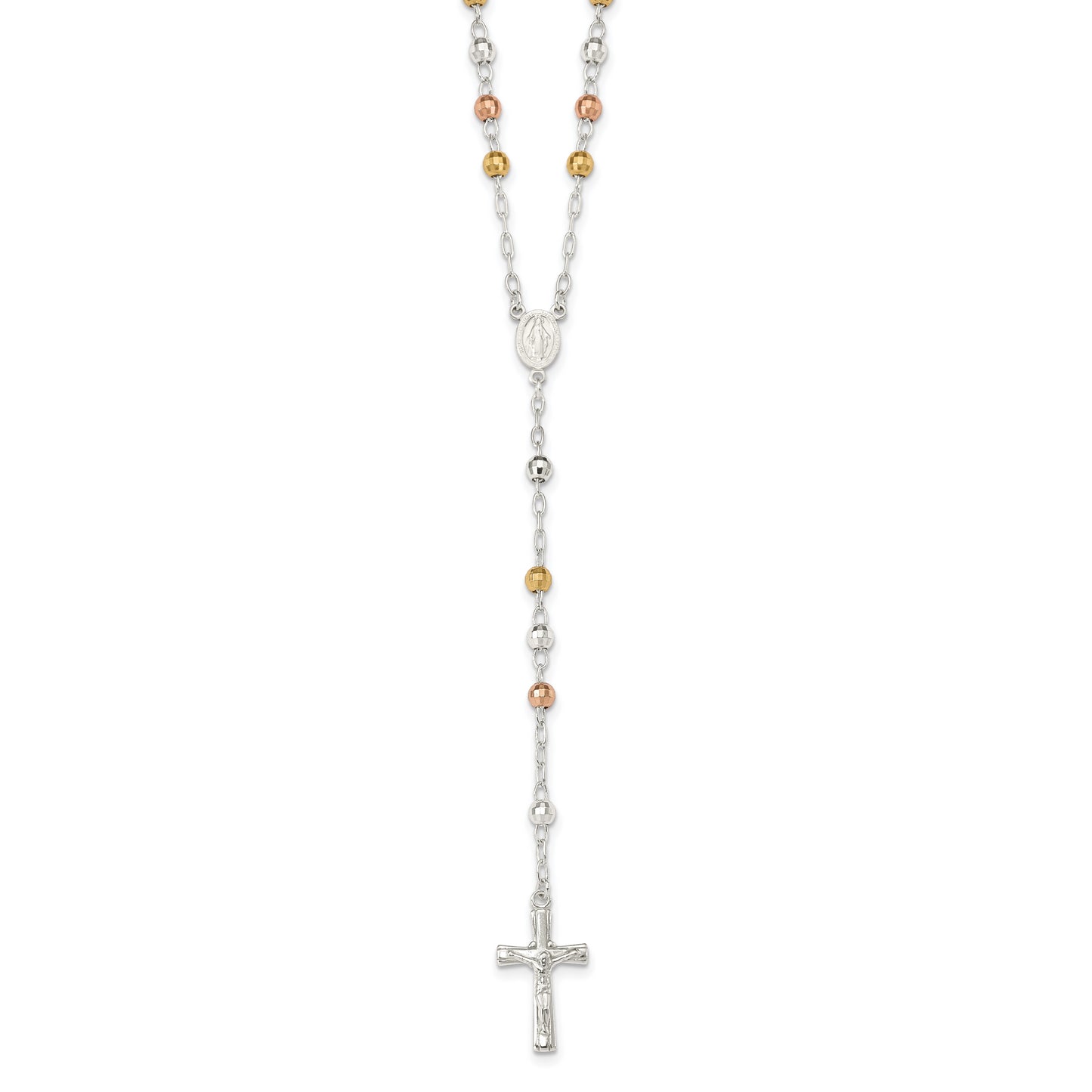 Sterling Silver Tri-Color Polished Textured Bead Rosary 26 Inch Necklace