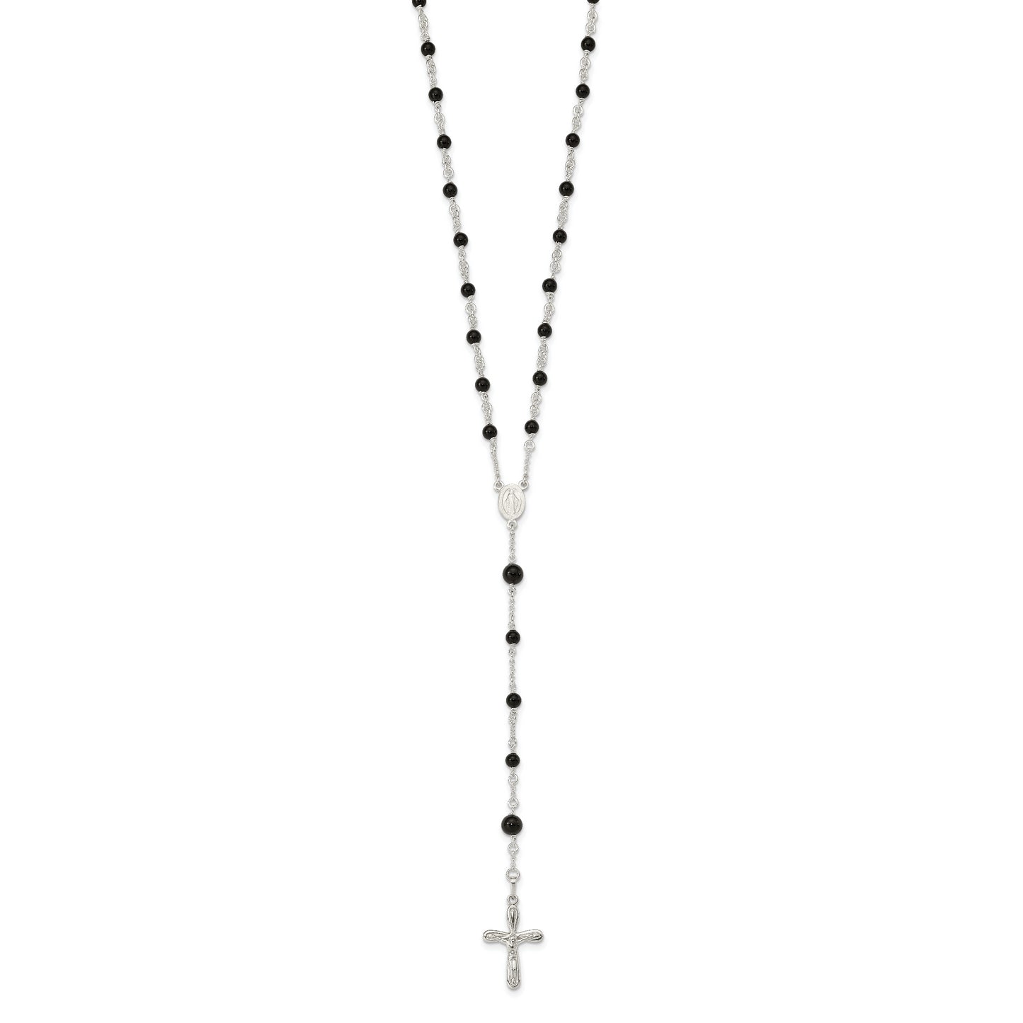 Sterling Silver Polished Black Onyx Rosary Necklace