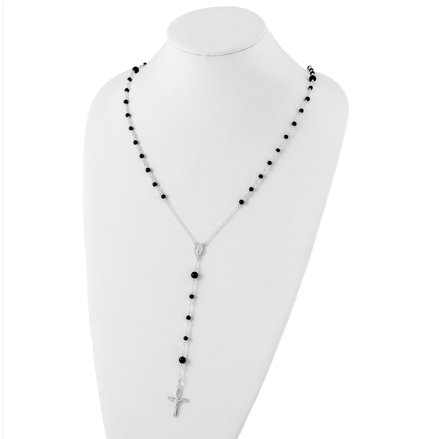 Sterling Silver Polished Black Onyx Rosary Necklace