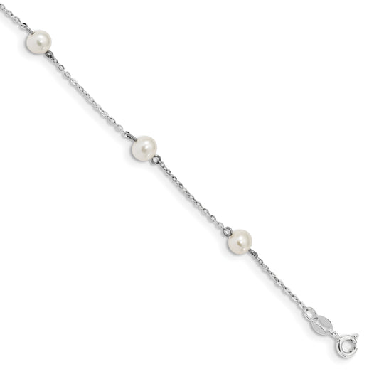 7 Inch Sterling Silver Rh-Plated White Round Fwc Pearl 5 Station Bracelet