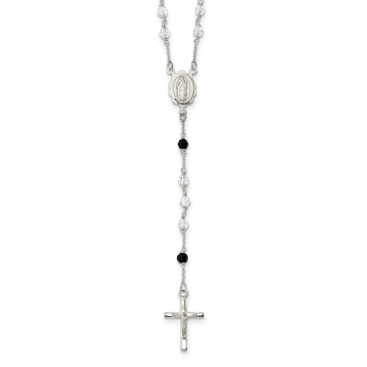 Sterling Silver Polished And Black Crystal Bead Rosary 23.5 Inch Necklace