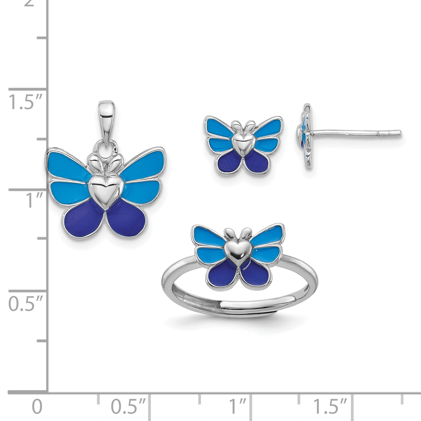 Sterling Silver Rhodium-Plated Polished & Enameled Butterfly Children'S Earring Ring Pendant Set