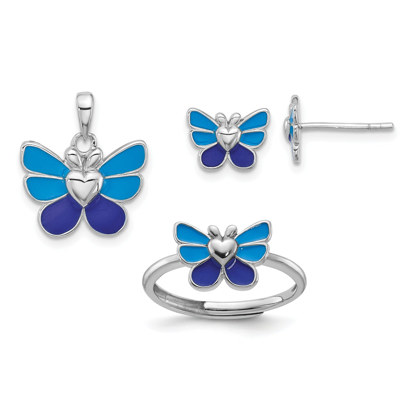 Sterling Silver Rhodium-Plated Polished & Enameled Butterfly Children'S Earring Ring Pendant Set