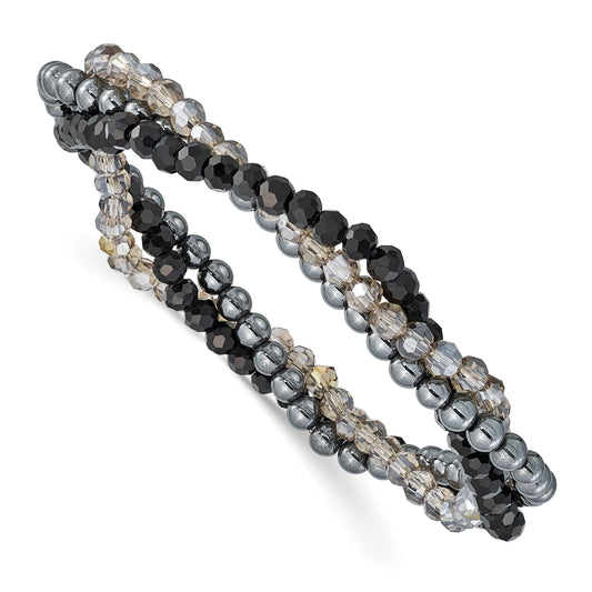 Sterling Silver Black And Smoky Crystal, Hematite 3Pce Stretch Bracelet