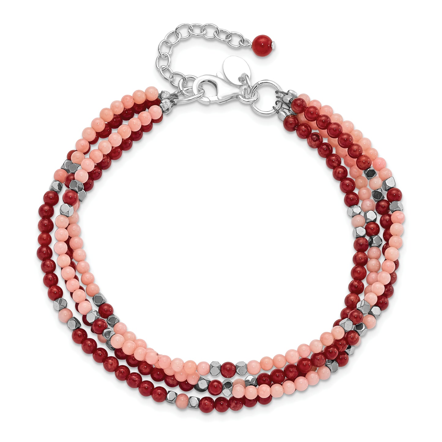 8.5 Inch Sterling Silver Hematite, Red & Peach Coral 4-Strand W/1In Ext. Bracelet