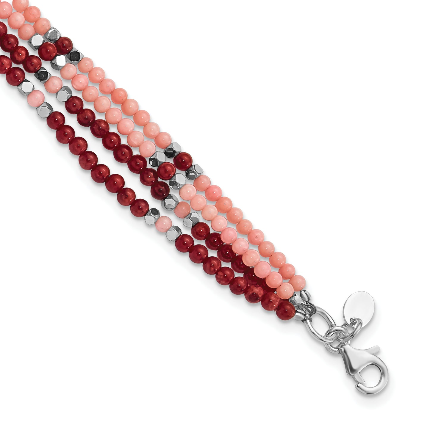 8.5 Inch Sterling Silver Hematite, Red & Peach Coral 4-Strand W/1In Ext. Bracelet