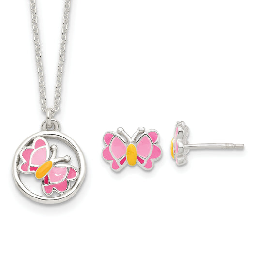 Sterling Silver Polished & Pink/Orange Enameled Butterfly Children'S Earrings 14In Necklace Set