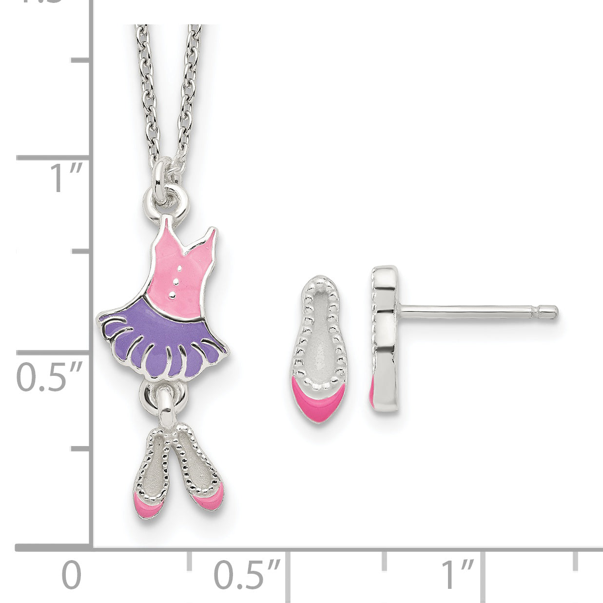 Sterling Silver Polished & Enameled Ballerina Children'S 14In Necklace Earring Set