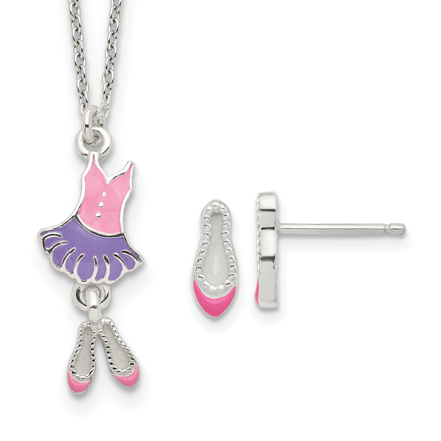 Sterling Silver Polished & Enameled Ballerina Children'S 14In Necklace Earring Set