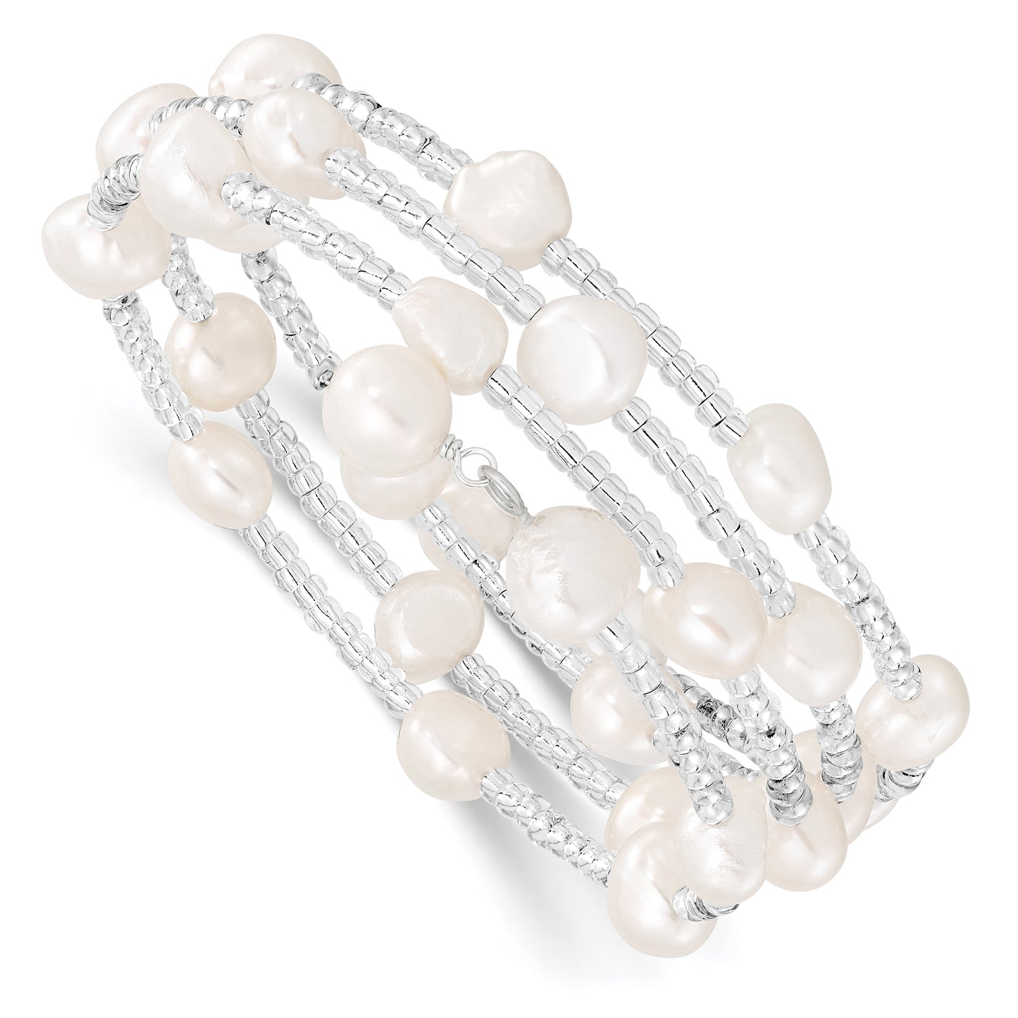 Fashion 7-8mm White Baroque Freshwater Cultured Pearl And Glass Beaded Wrap Bracelet