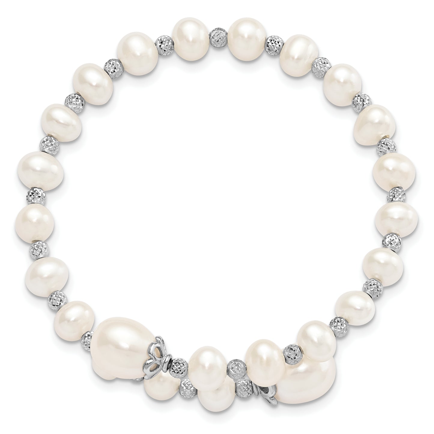 Sterling Silver Rhodium-Plated Diamond Cut Beads And 6-9mm White Freshwater Cultured Pearl Wrap Bracelet