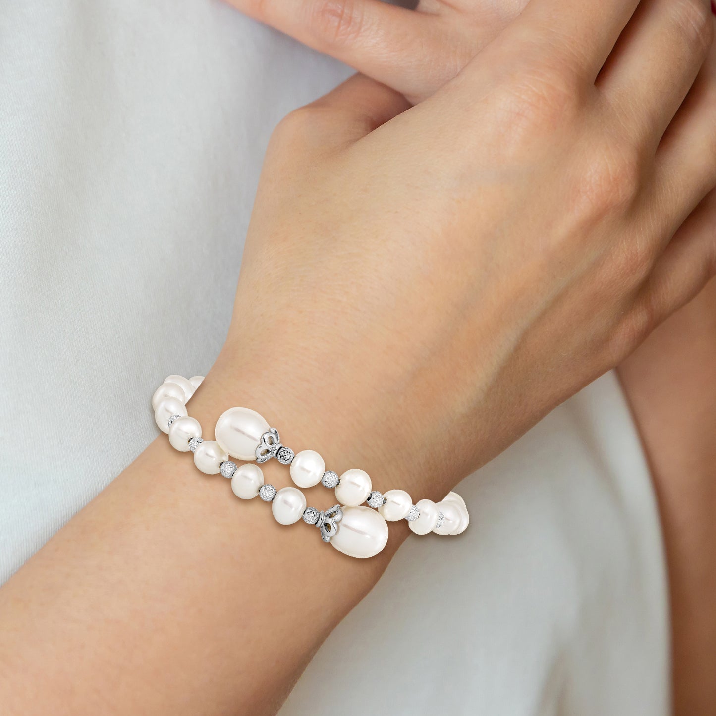 Sterling Silver Rhodium-Plated Diamond Cut Beads And 6-9mm White Freshwater Cultured Pearl Wrap Bracelet