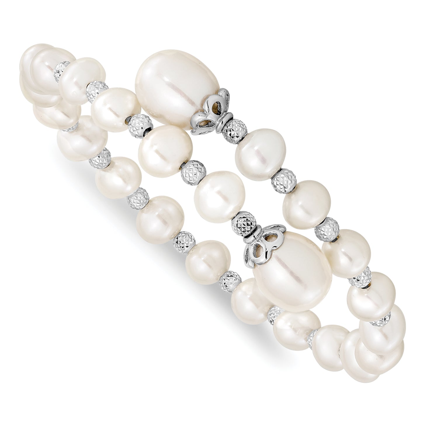 Sterling Silver Rhodium-Plated Diamond Cut Beads And 6-9mm White Freshwater Cultured Pearl Wrap Bracelet