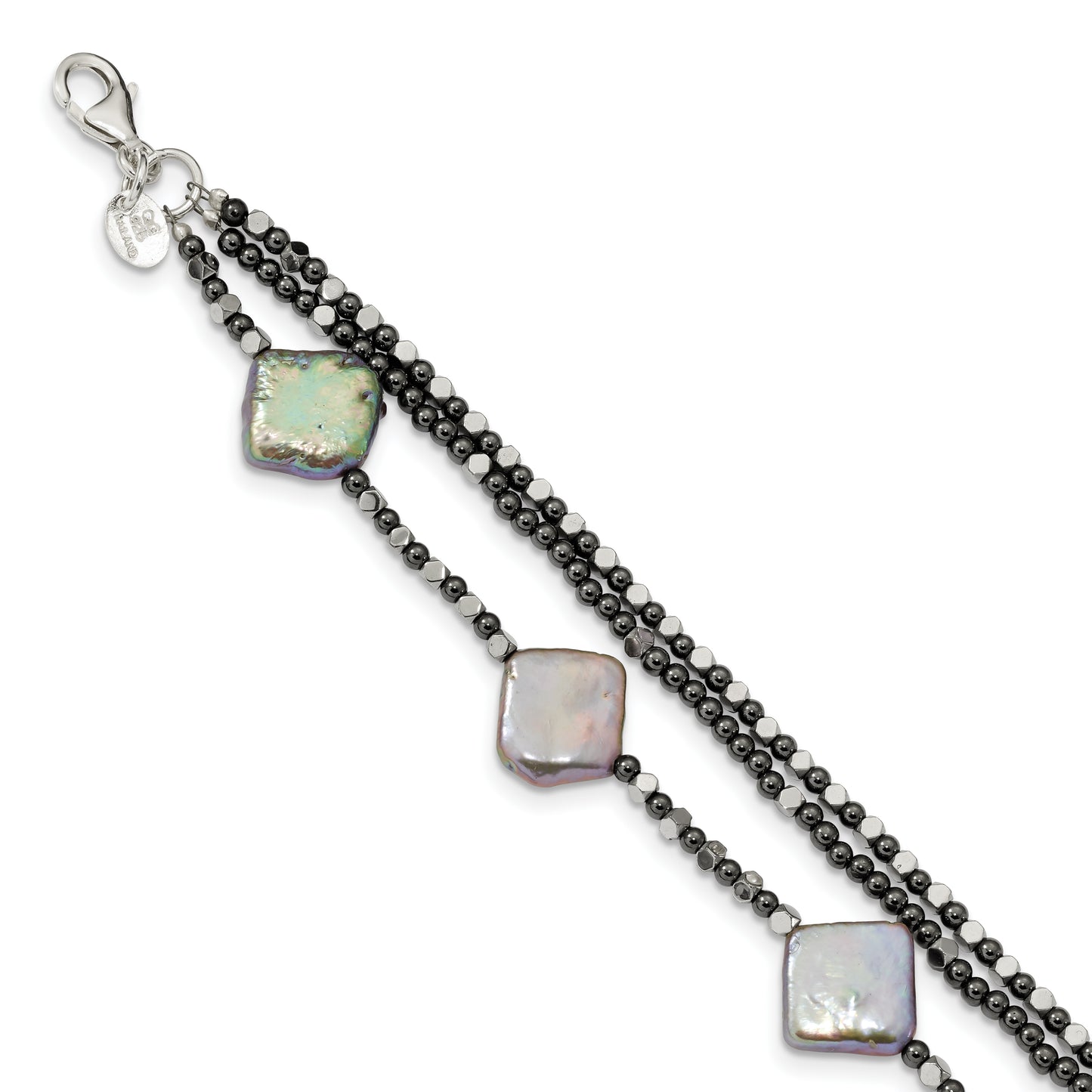 8 Inch Sterling Silver Hematite & Fw Cult. Pearl 3-Strand W1In Ext. Fancy Bracelet