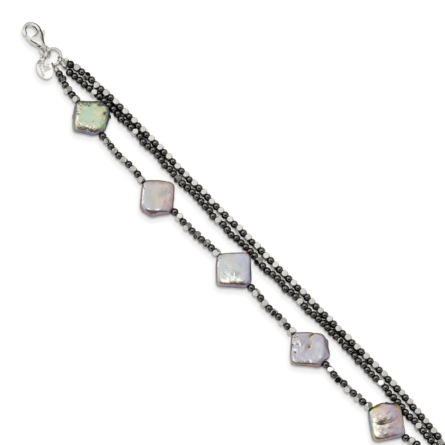 8 Inch Sterling Silver Hematite & Fw Cult. Pearl 3-Strand W1In Ext. Fancy Bracelet