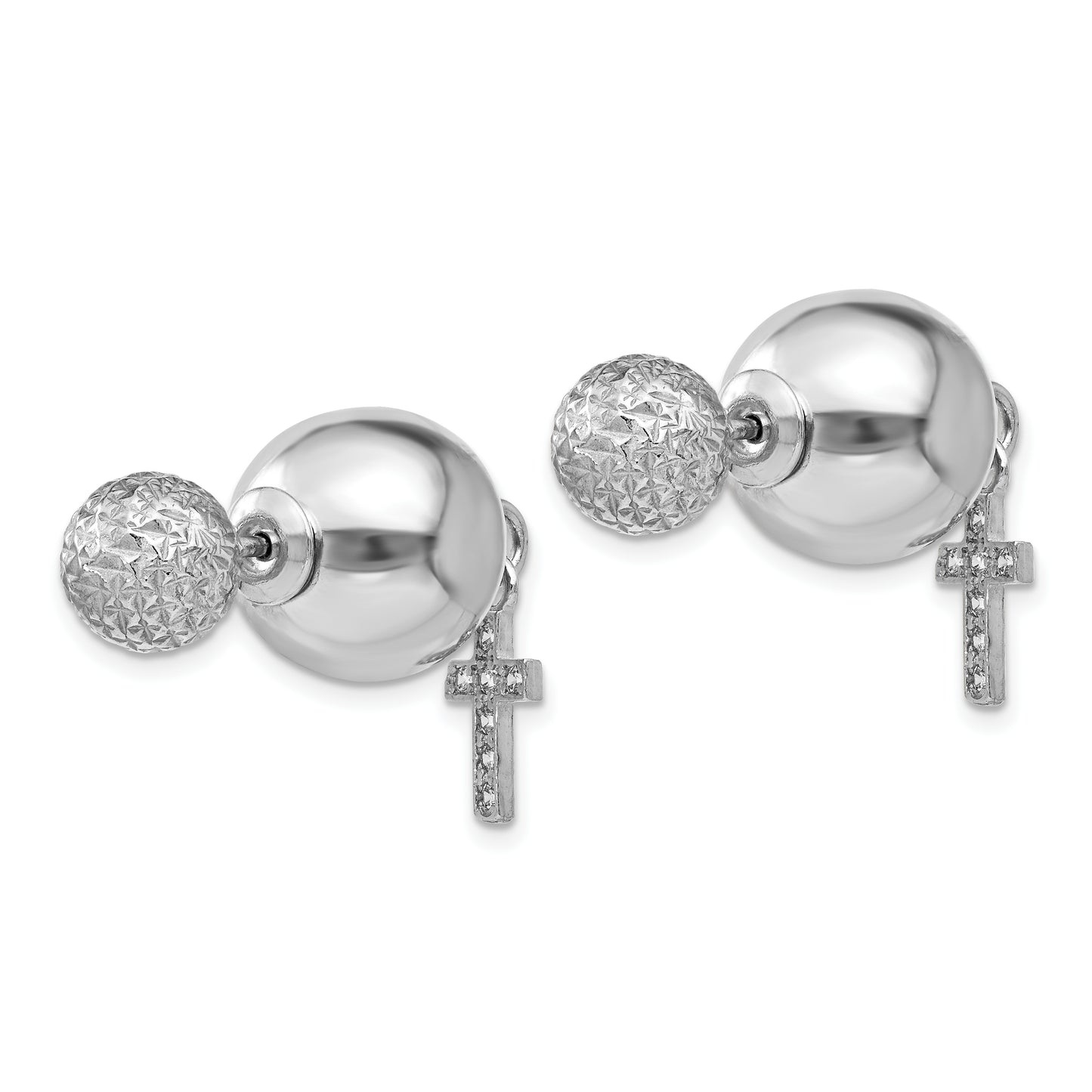 Sterling Silver Rhodium-Plated Cz Cross Front And Back Earrings