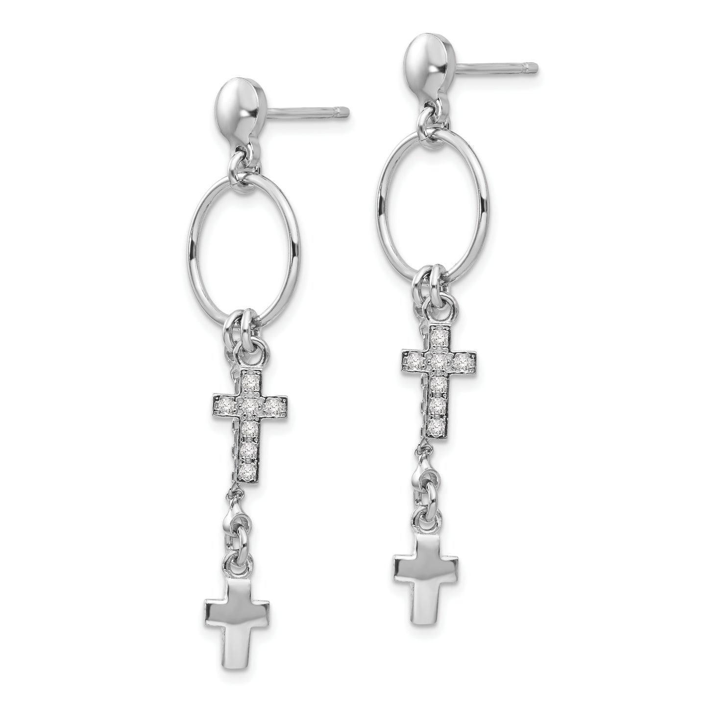 Sterling Silver Rhodium-Plated Cz Cross Dangle Earrings