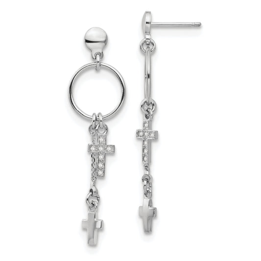 Sterling Silver Rhodium-Plated Cz Cross Dangle Earrings