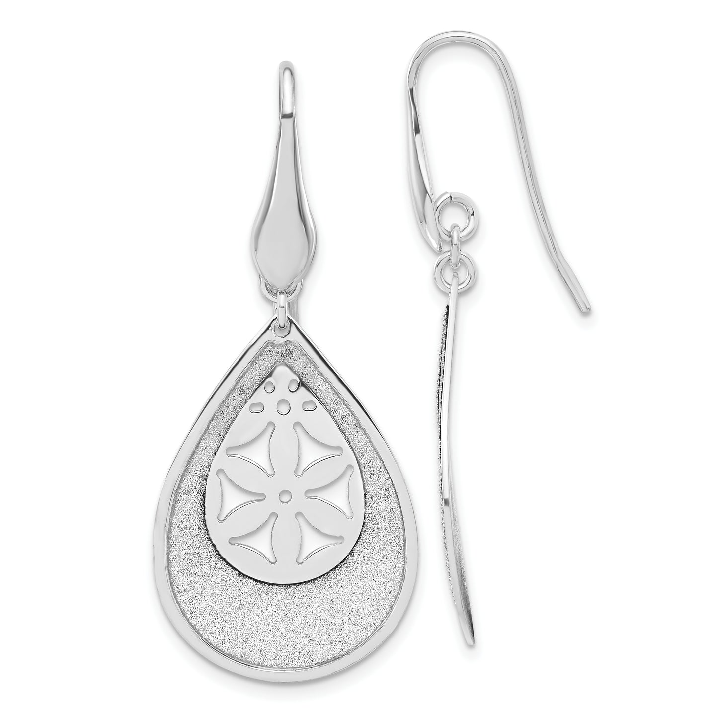 Sterling Silver Ss Polished Lasercut Flower Teardrop Dangle Earrings