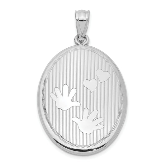 Sterling Silver Rhodium-Plated Polished Hands & Hearts Oval Open Locket