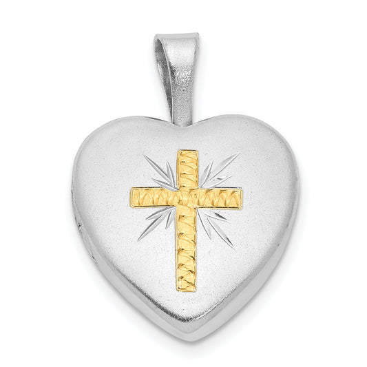 Sterling Silver Rhodium-Plated & Gold Tone Satin D/C Cross Heart Locket