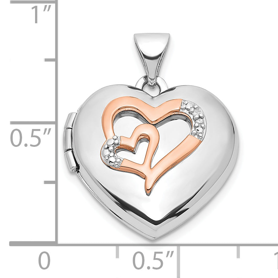 Sterling Silver Rhodium-Plated Diamond Rose Rhodium Hearts 18mm Locket