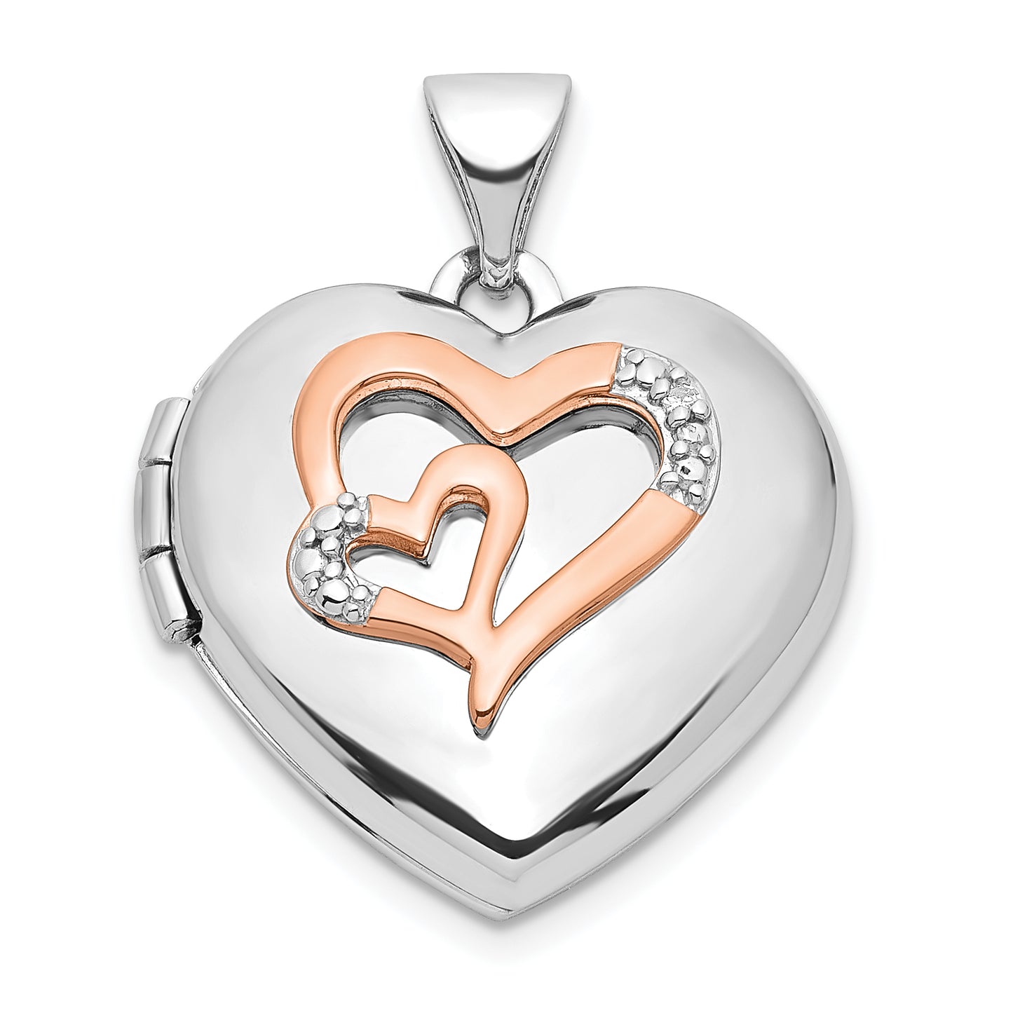 Sterling Silver Rhodium-Plated Diamond Rose Rhodium Hearts 18mm Locket