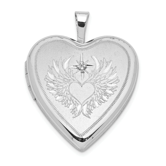 Sterling Silver Rhodium-Plated Diamond Wings W/Heart 20mm Heart Locket