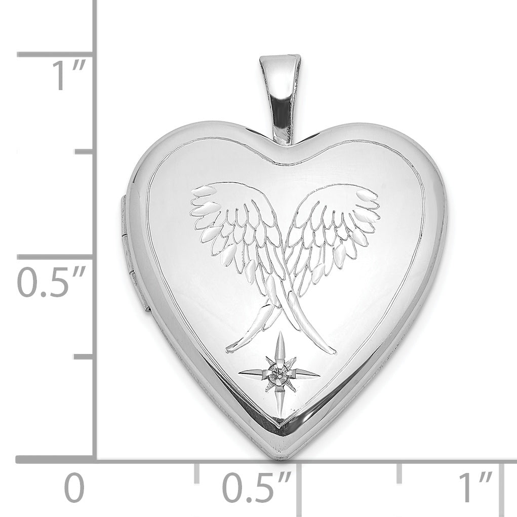 Sterling Silver Rhodium-Plated Diamond Wings 20mm Heart Locket