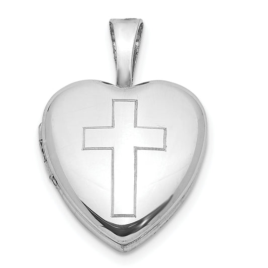 Sterling Silver Rhodium-Plated Polished Cross 12mm Heart Locket