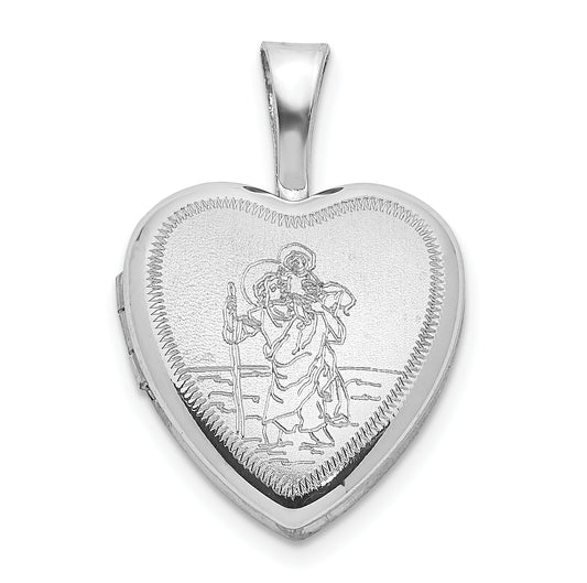 Sterling Silver Rhodium-Plated Satin St. Christopher 12mm Heart Locket