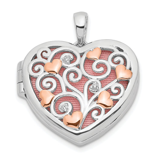 Sterling Silver Rhodium-Plated Cz Rose Rhodium Filigree 18mm Heart Locket