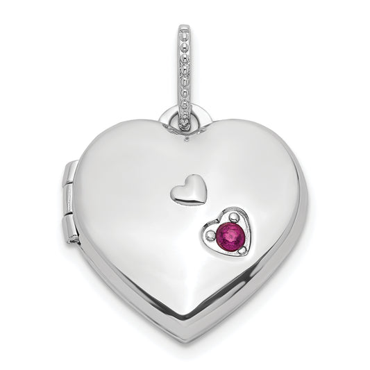 Sterling Silver Rhodium-Plated Lab Created Ruby 15mm Heart Locket