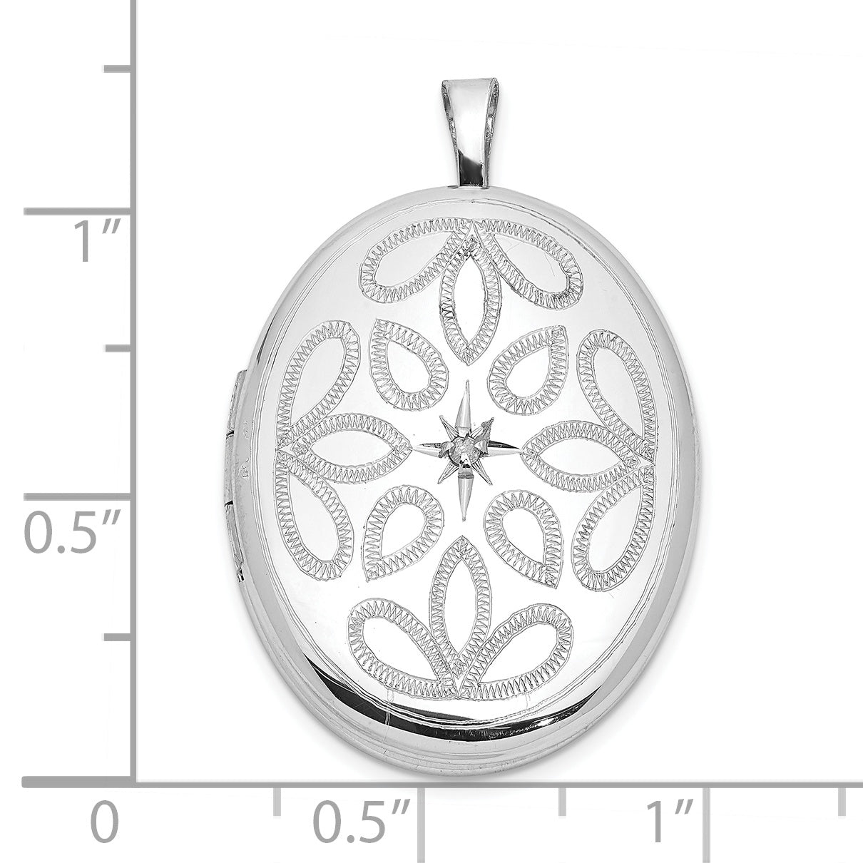 Sterling Silver Rhodium-Plated Diamond Leaves 26X20mm Oval Locket