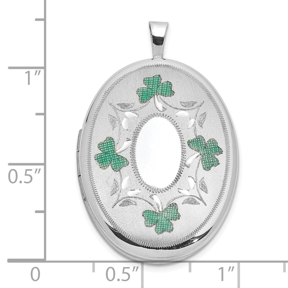 Sterling Silver Rh-Plated Satin Enamel Shamrock Border 26X20mm Oval Locket